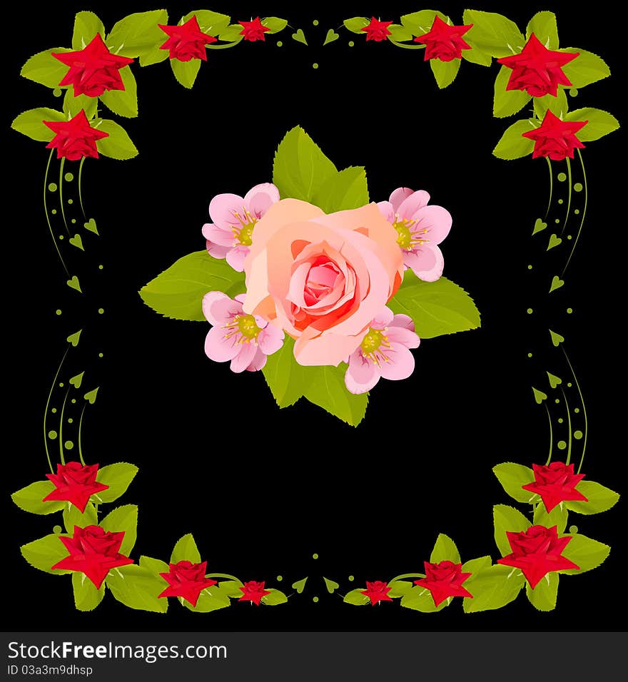 Illustration with pink flower design in red rose frame on black background