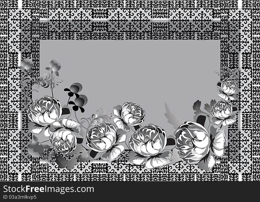 Illustration with grey rose design in decorated frame