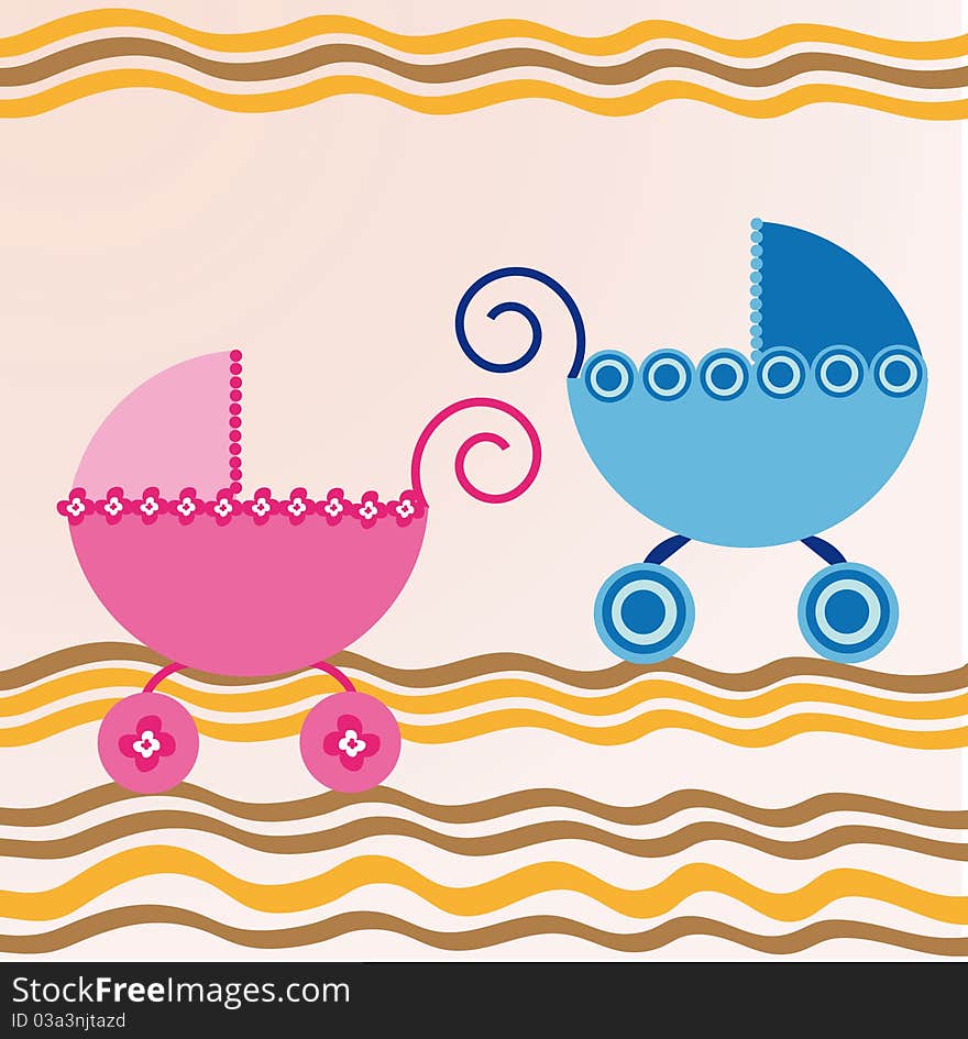 Rose and blue designed carriages for girl and boy at abstract background