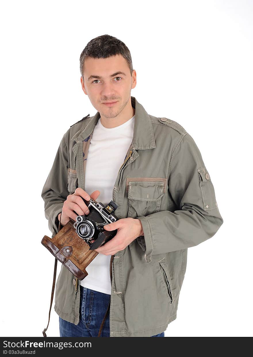 Young professional photographer with old retro film camera. isolated on white background. Young professional photographer with old retro film camera. isolated on white background