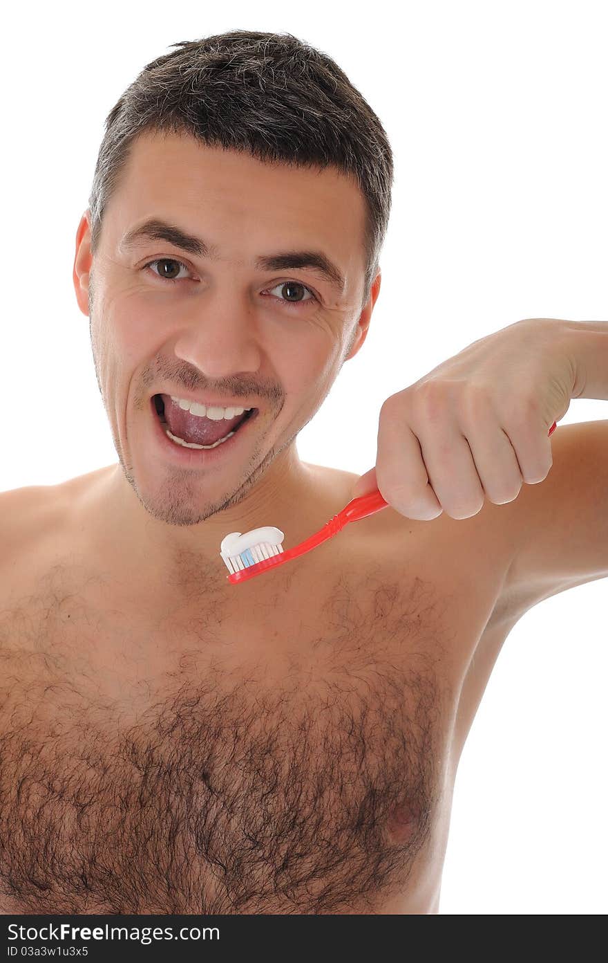 Middle aged man brushing his teeth in the morning. isolated on white background