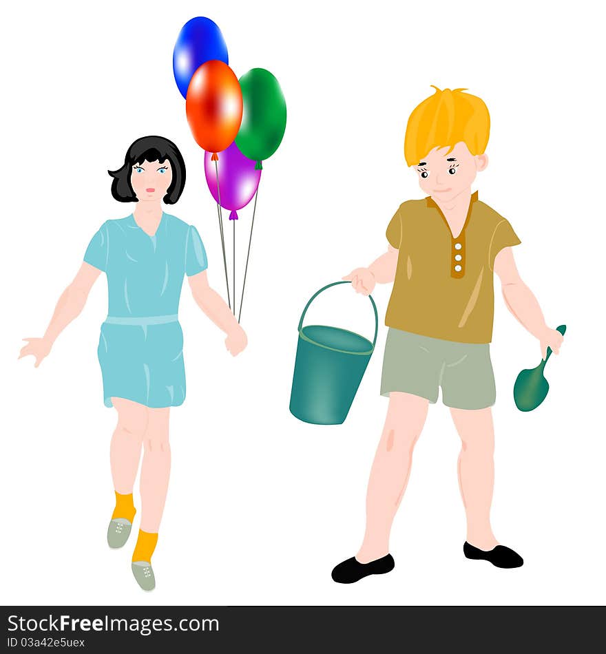 Girl with ball and boy with pail and dustpan. Girl with ball and boy with pail and dustpan