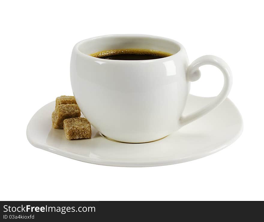 White cup of coffee and slices of raw cane sugar on a plate, isolated on a white background. White cup of coffee and slices of raw cane sugar on a plate, isolated on a white background