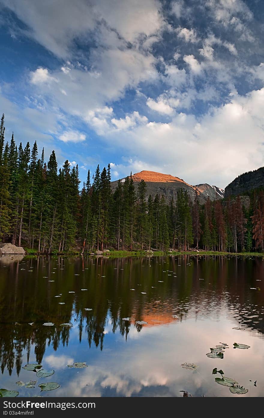 Image of Nymph Lake in Rocky Mountain National Park Colorado just before sunset.