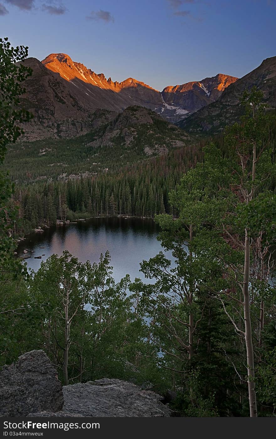 Image of Bear Lake in Rocky Mountain National Park Colorado just before sunset.