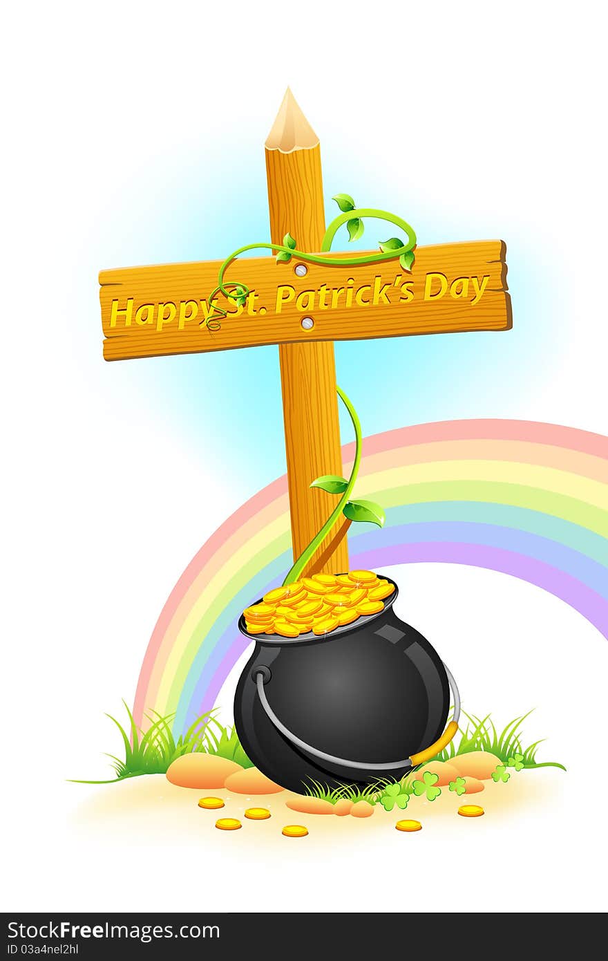 Illustration of Gold Coin Pot of Saint Patrick Day with clover leaves