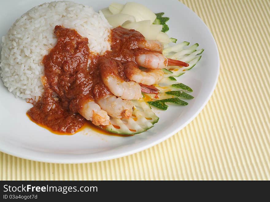 Prawn curry served with basmati rice