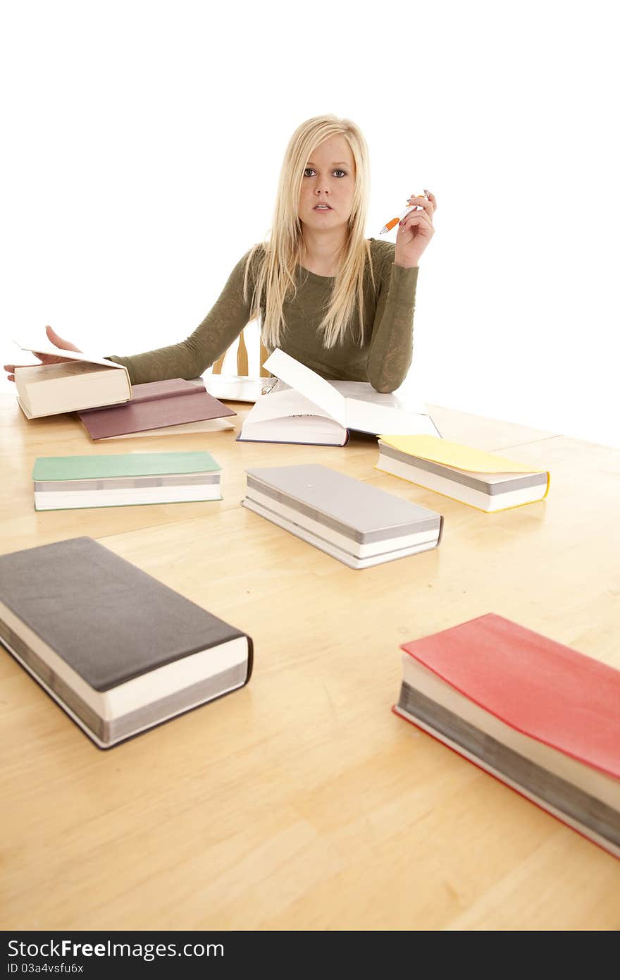 A woman is sitting at a big table with lots of books, looking unhappy. A woman is sitting at a big table with lots of books, looking unhappy.