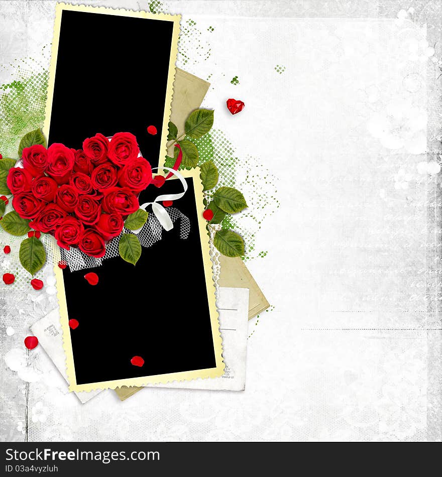 Double Frame With Roses Heart On The White