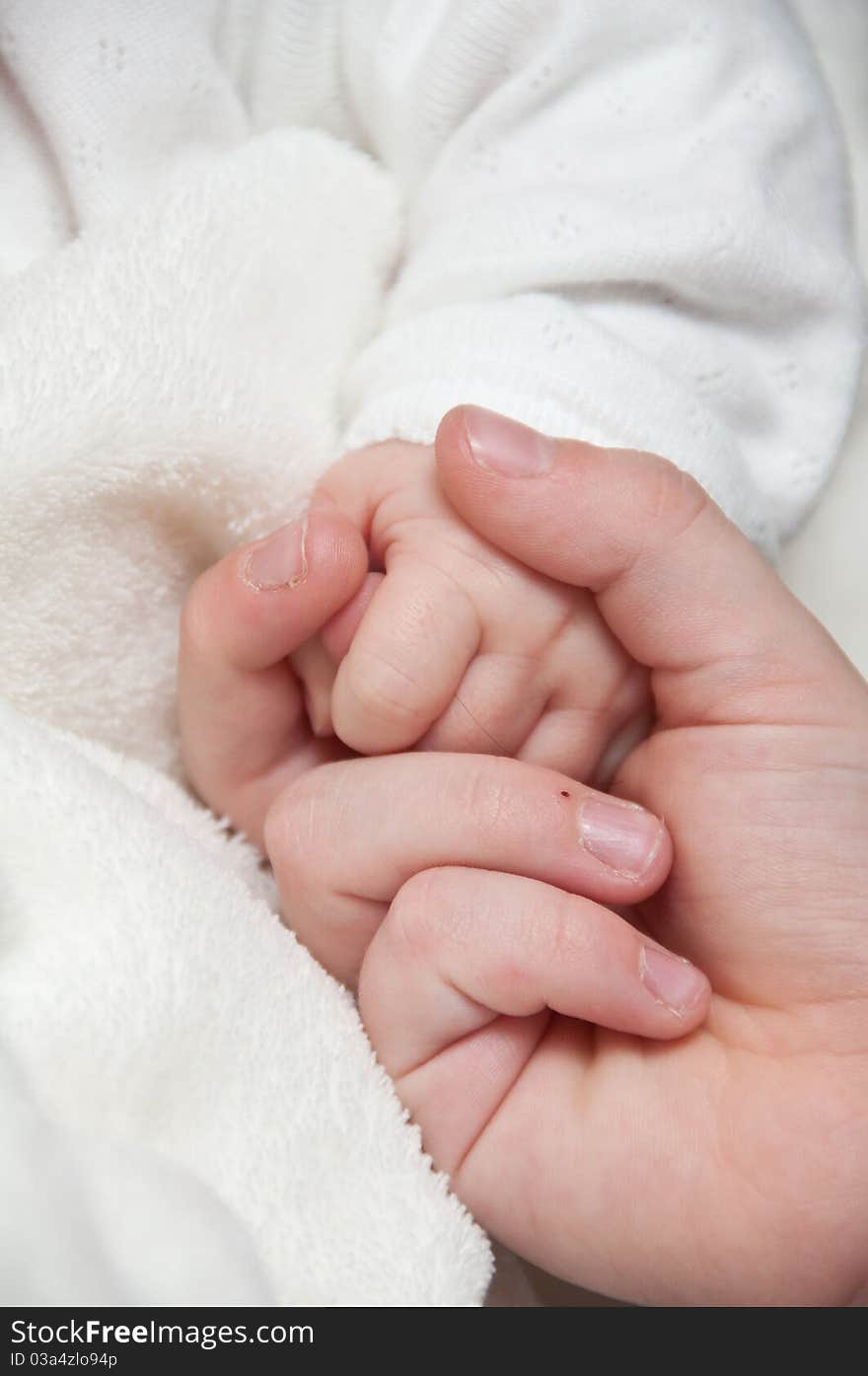 Baby's hand with brother's finger. Baby's hand with brother's finger