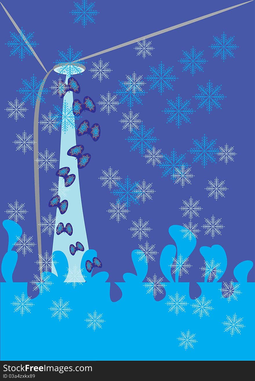 Abstract winter background with butterflies and snowflakes