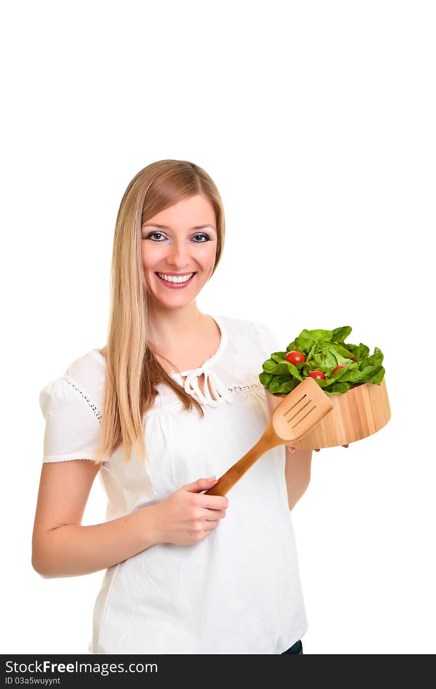 Woman with salad isolated on white