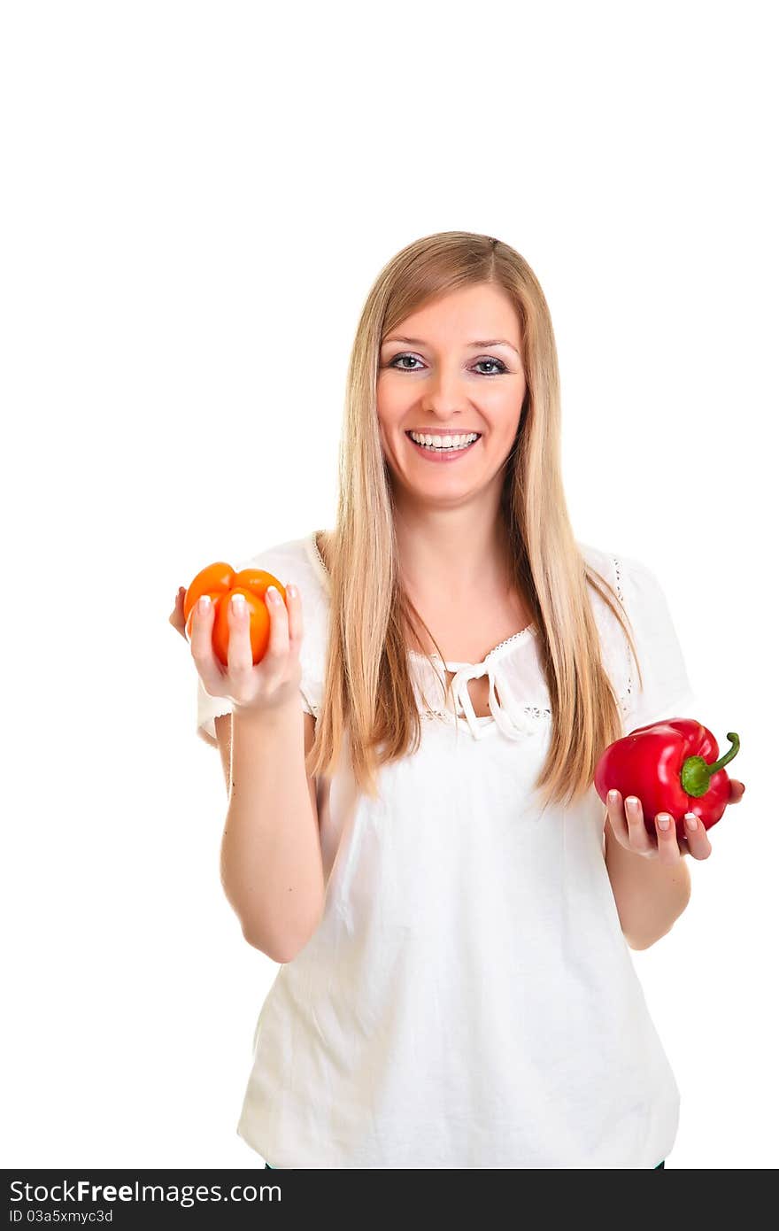 Blond caucasiam woman holding fruits isolated