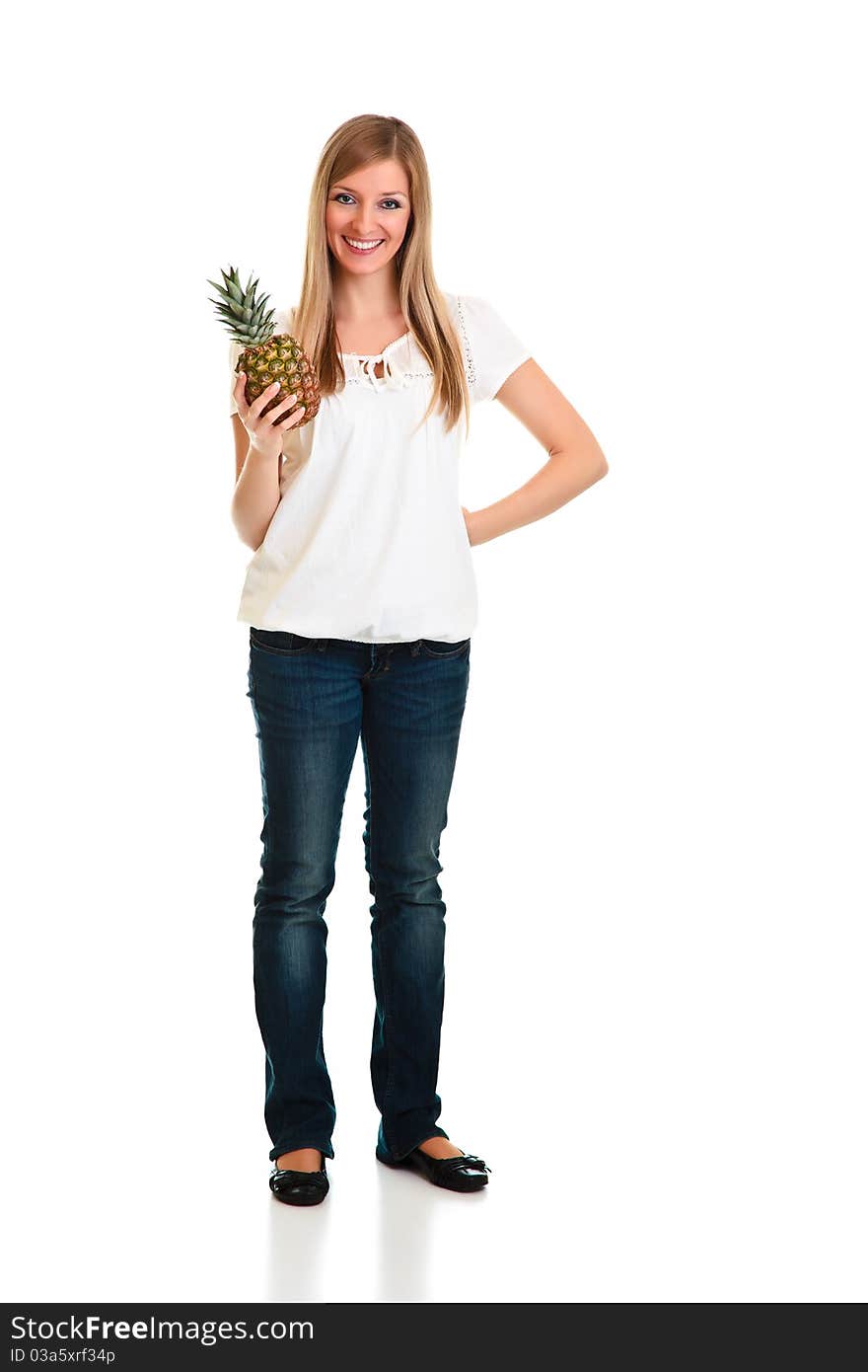 Blond caucasiam woman holding fruit