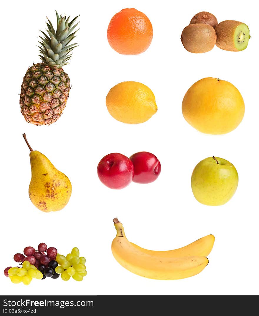 Different fruits on white isolated background