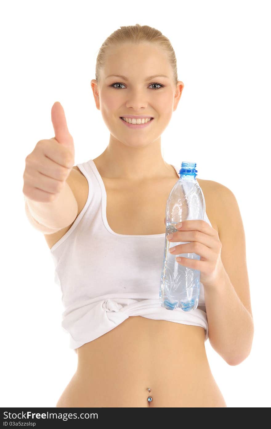 Contented woman holding a water bottle isolated on white