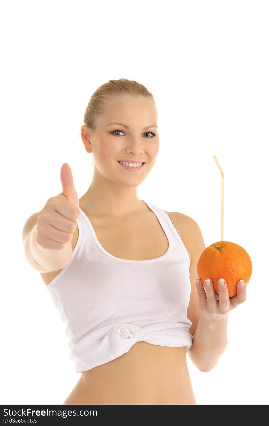 Happy woman holding orange with straw isolated on white