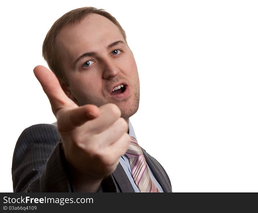 Unshaven businessman shows his finger on a white background