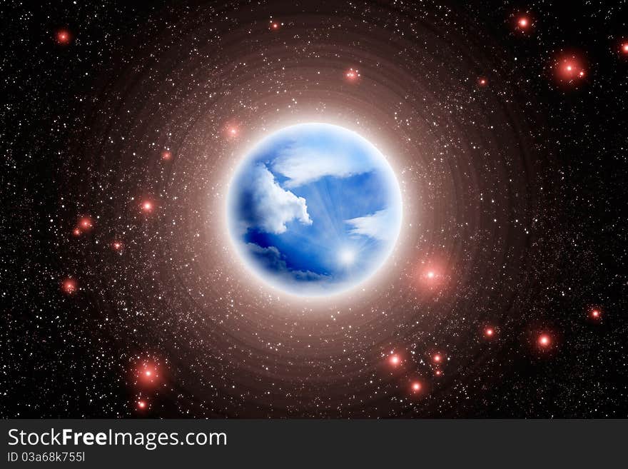 Illustration of blue planet and red stars