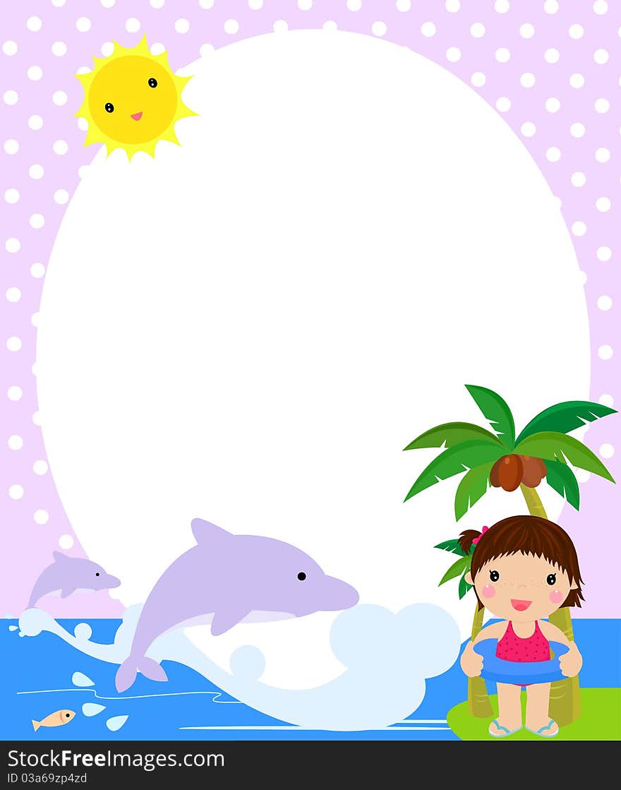 Illustration of happy girl and dolphin