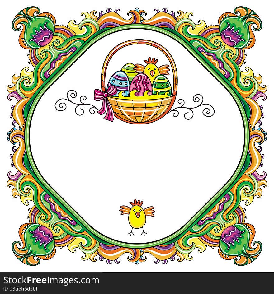 Holiday Easter Frame with white space for your text or info: Traditional basket with colorful painted easter eggs's, cute chickens. Floral elements like flowers and plants to celebrate Spring