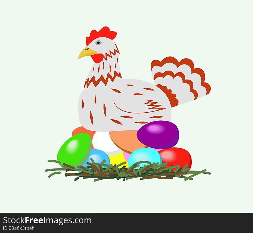 Chicken with easter eggs.