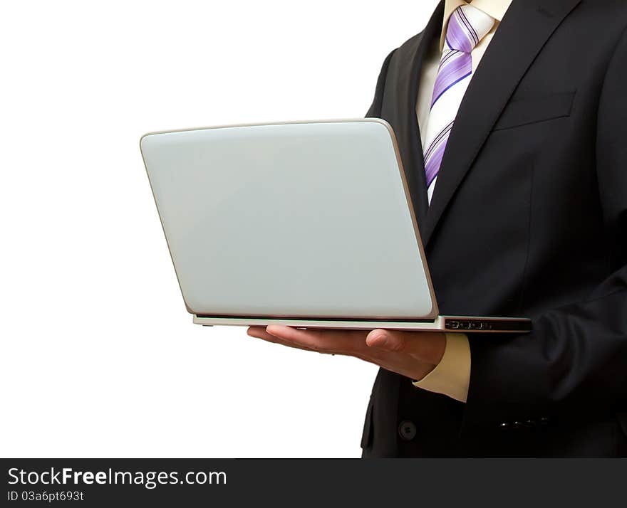 Businessman with hands laptop on a white background