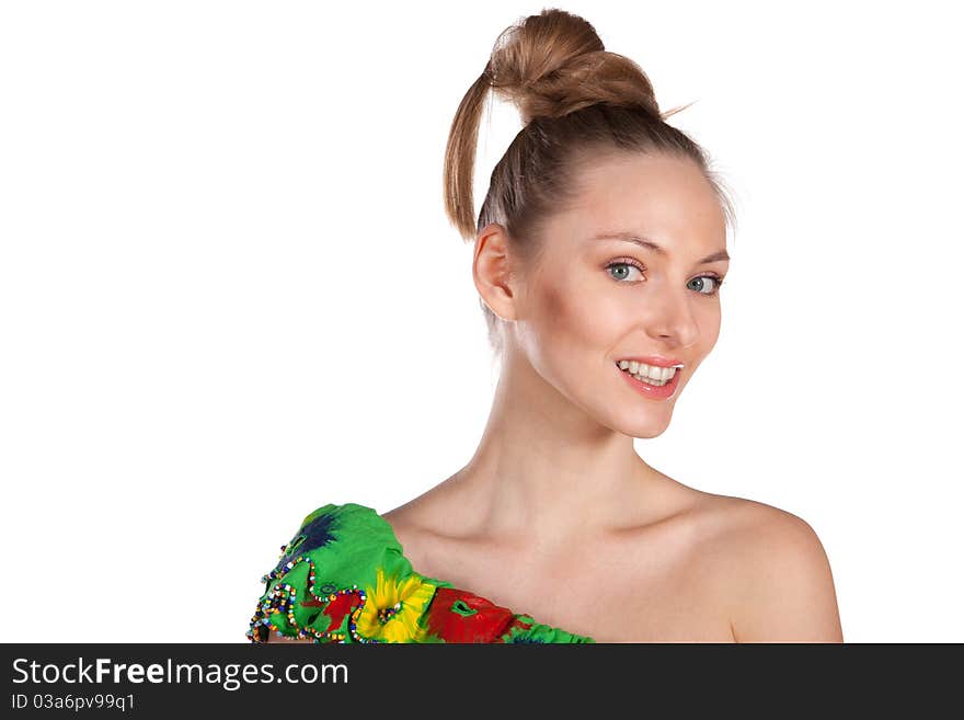 Close-up portrait of young smiley female in green isolated on white. Close-up portrait of young smiley female in green isolated on white