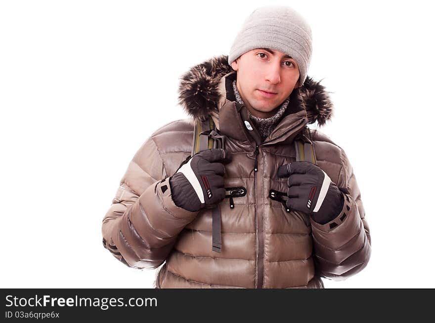 Traveller in winter clothe (isolated on white). Traveller in winter clothe (isolated on white)