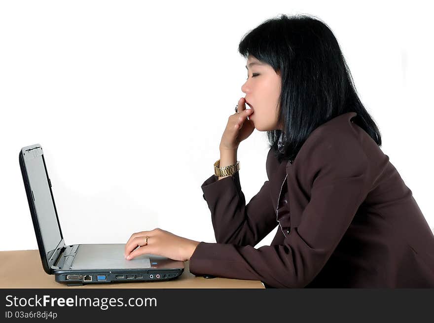 Secretary's office yawning in his office isolated on white background. Secretary's office yawning in his office isolated on white background