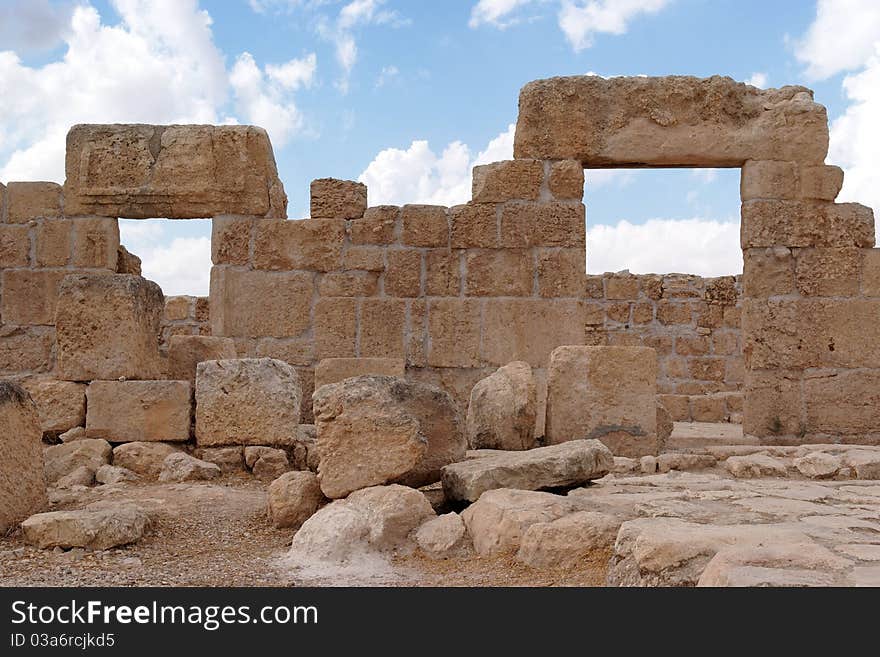 Double stone entrance to ruined ancient synagogue. Double stone entrance to ruined ancient synagogue