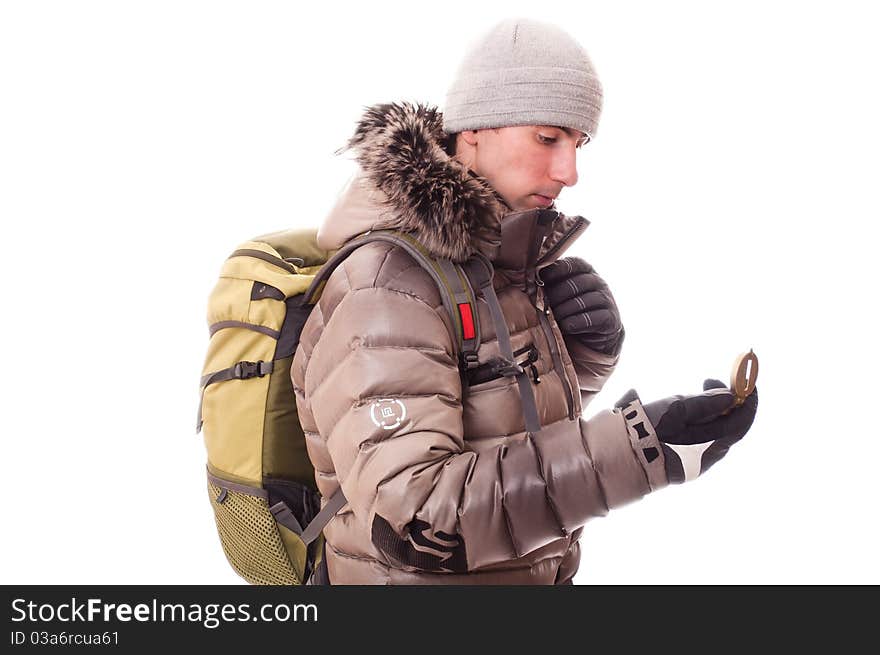 Traveller in winter clothes (isolated on white). Traveller in winter clothes (isolated on white)