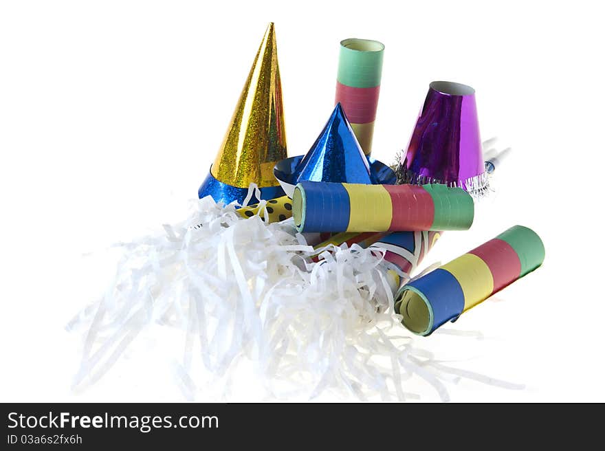 Colorful hats, horns and streamers stars