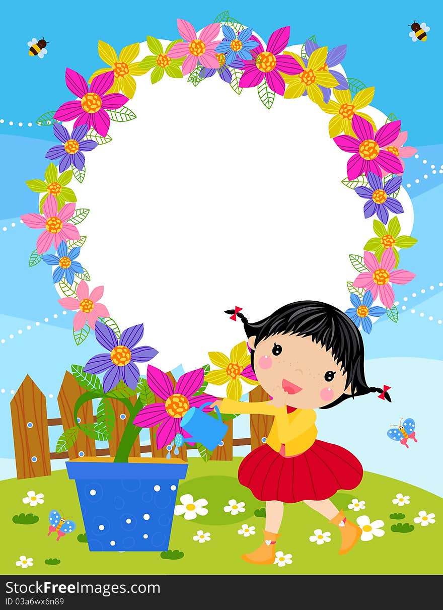 Illustration of small girl is watering plant in the garden.