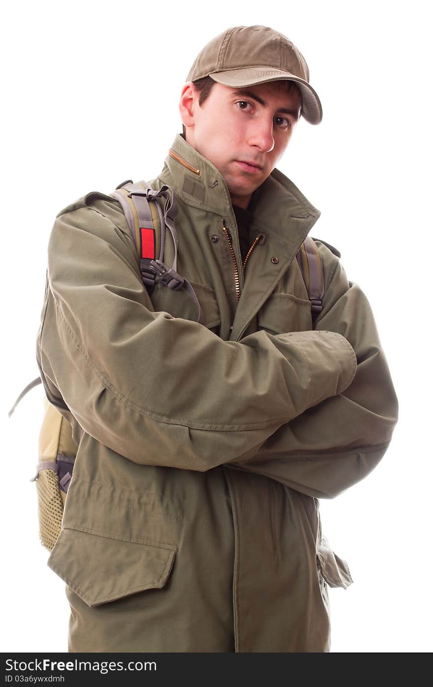 Traveller in army jacket (isolated on white). Traveller in army jacket (isolated on white)