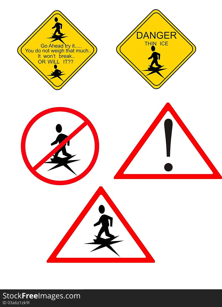 Danger and warning signs for thin ice. Danger and warning signs for thin ice..