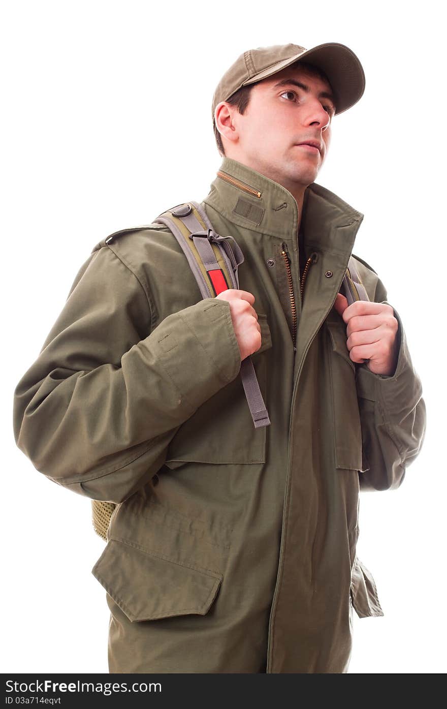 Traveller in army jacket (isolated on white)