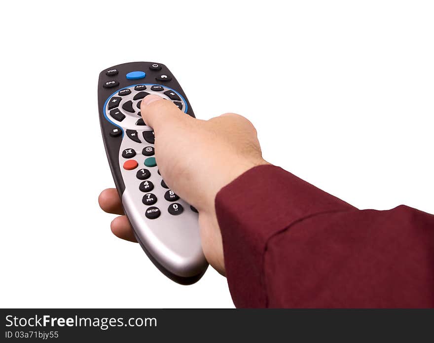 Remote controller in a hand on white background. Remote controller in a hand on white background.