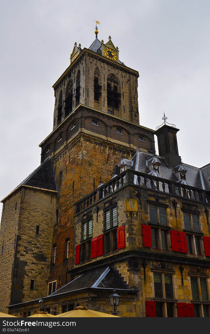 Market Square clock tower in Delft, The Netherlands.