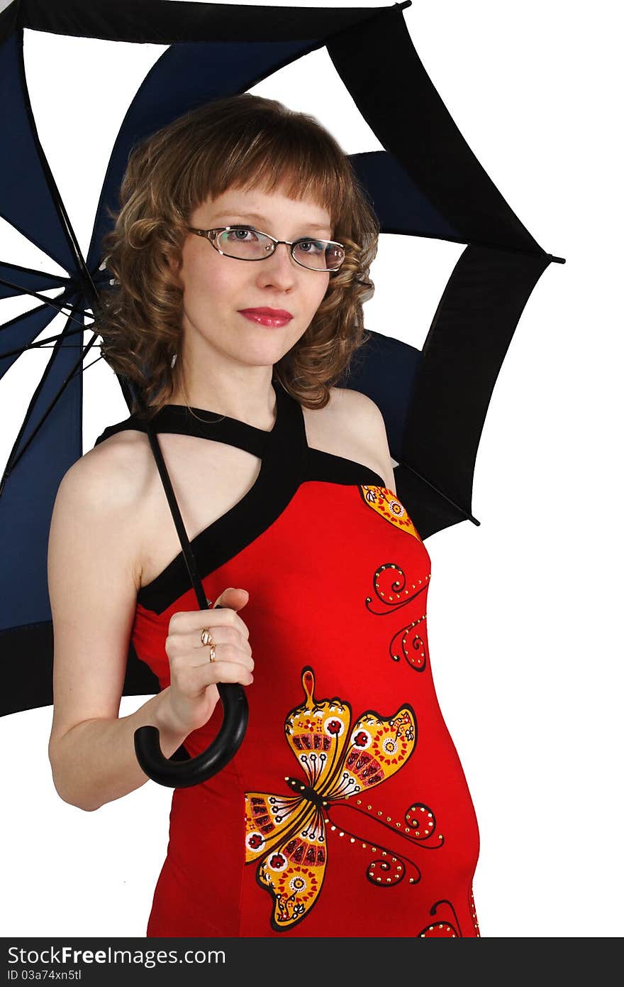 A pregnant woman with an umbrella on white background