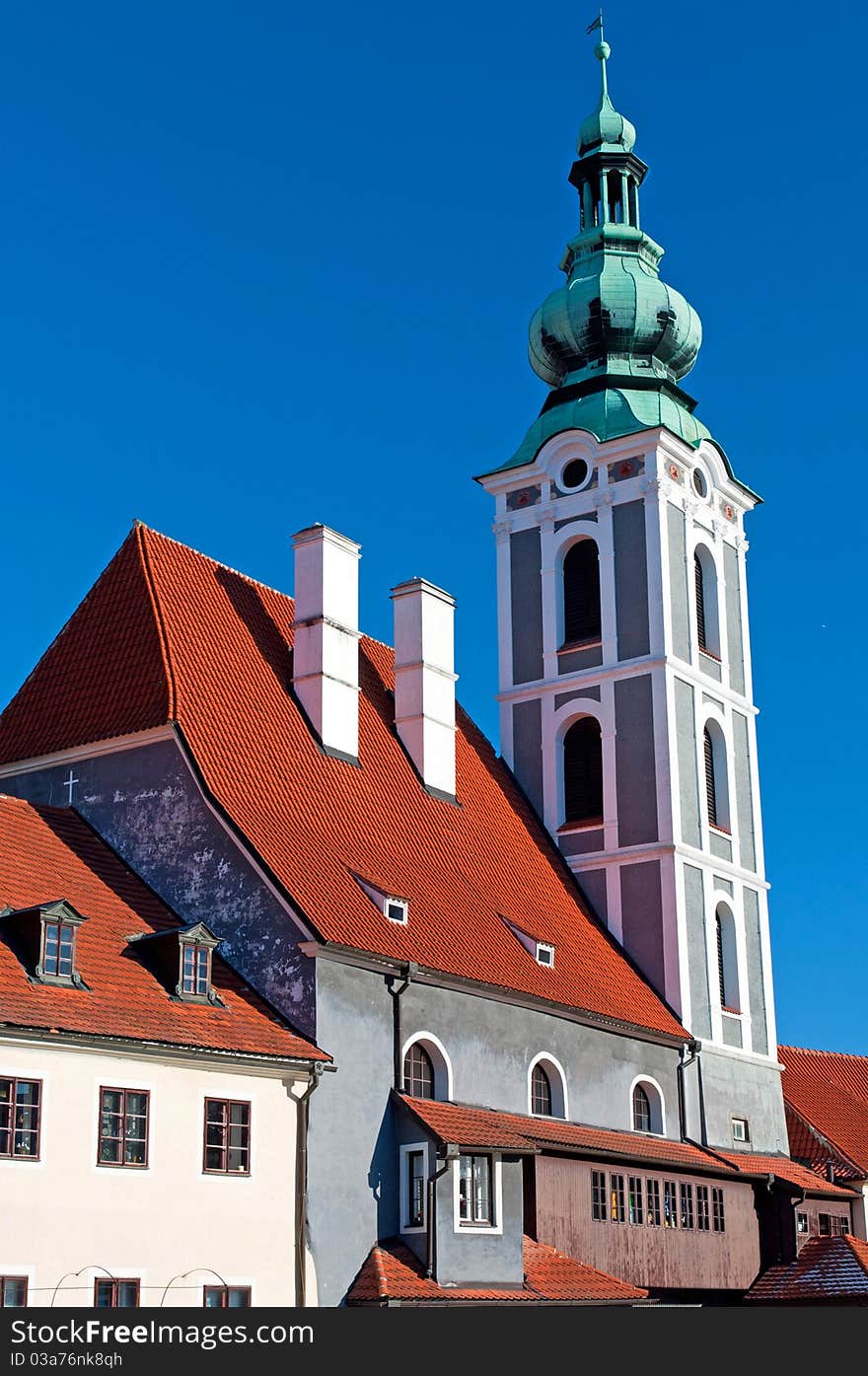 View at a church tower in Cesky Krumlov. View at a church tower in Cesky Krumlov.