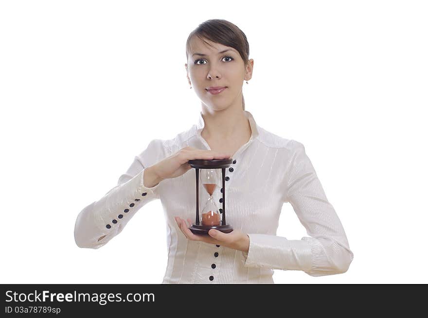 Isolated young business woman with sand clock