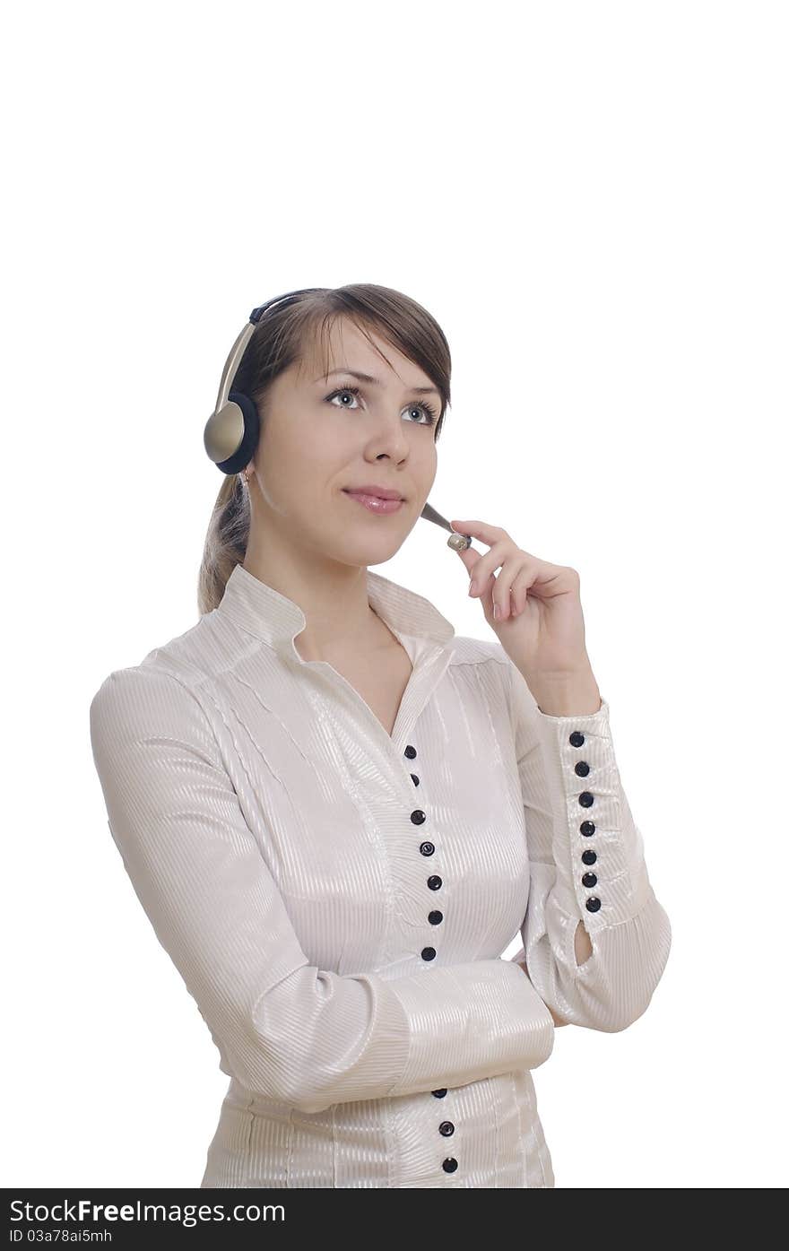 Isolated young business woman with a microphone