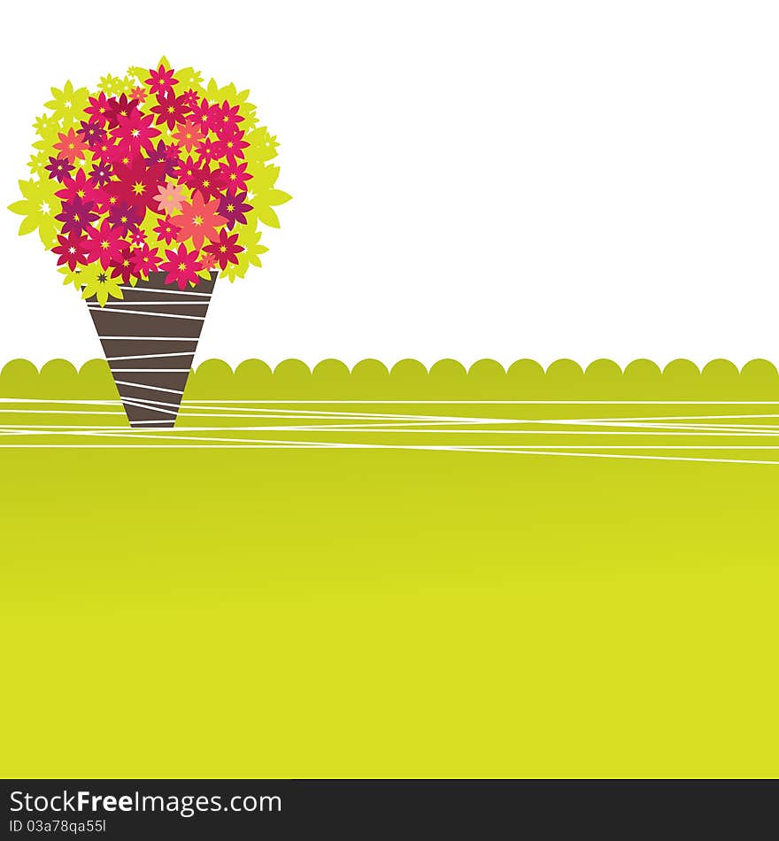 Abstract background with green tree and flowers.