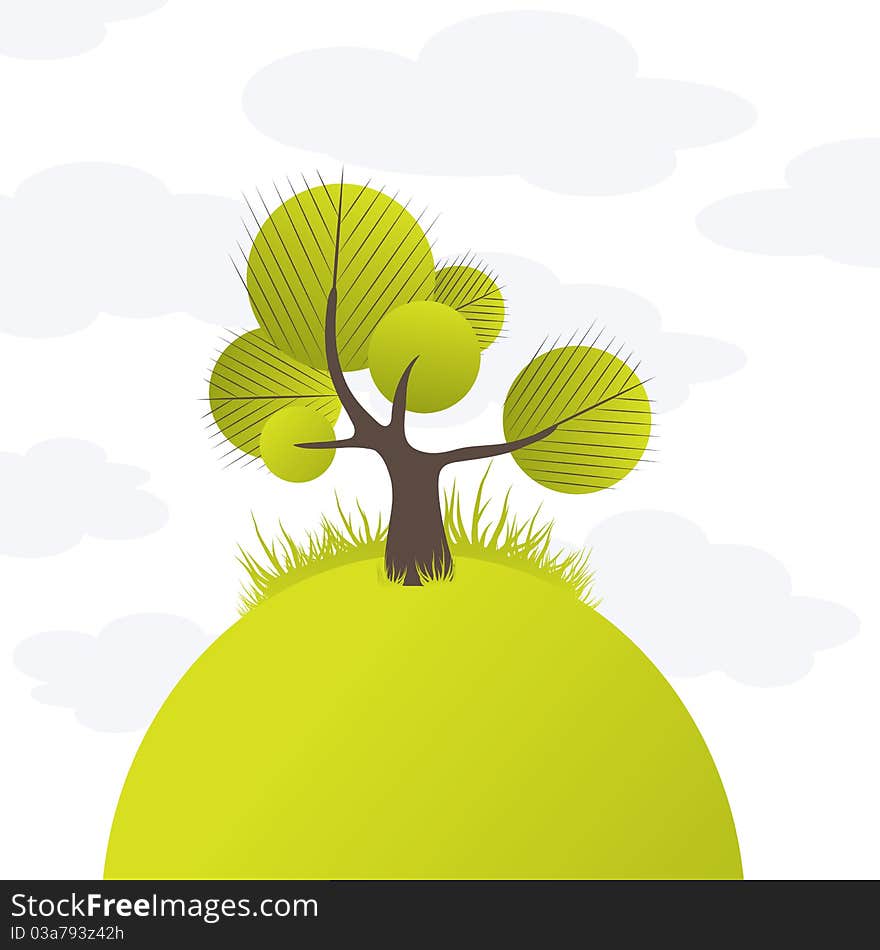 Abstract background with green tree and flowers. Vector illustration