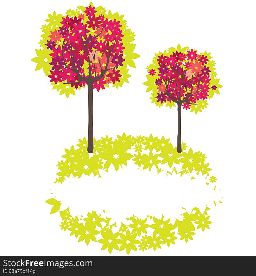 Abstract background with green tree and flowers. Vector illustration