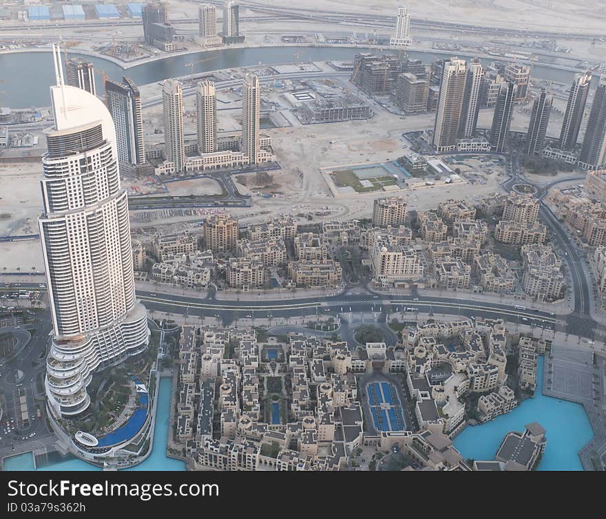 View over Dubai from tallest building Burj Dubai in the world.