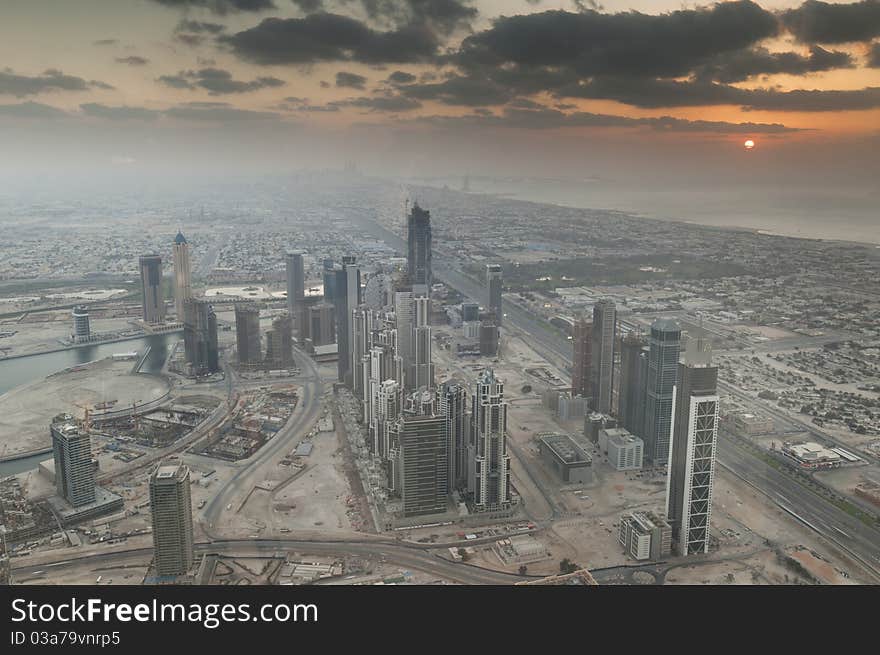 View over Dubai from tallest building Burj Dubai in the world.