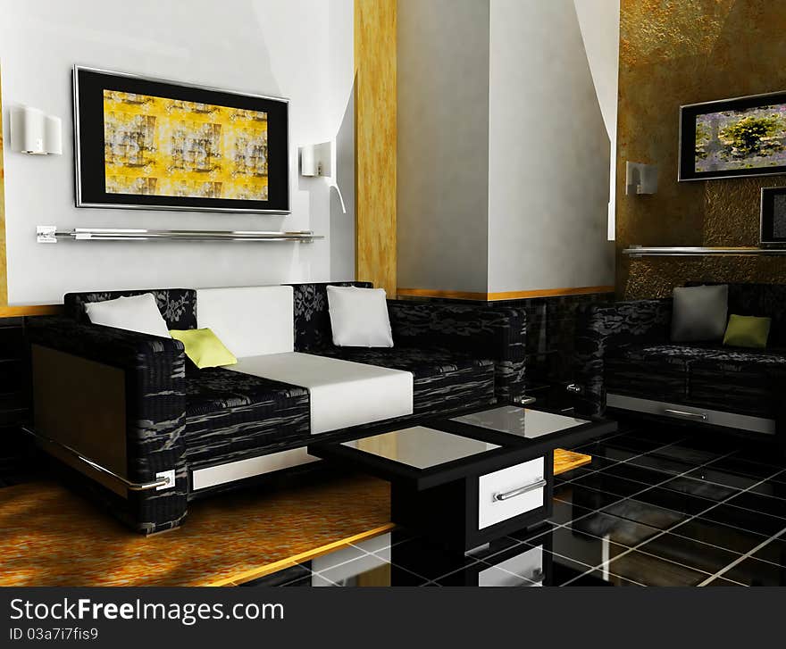 This is an interior of a room with the sofas, pictures and the table