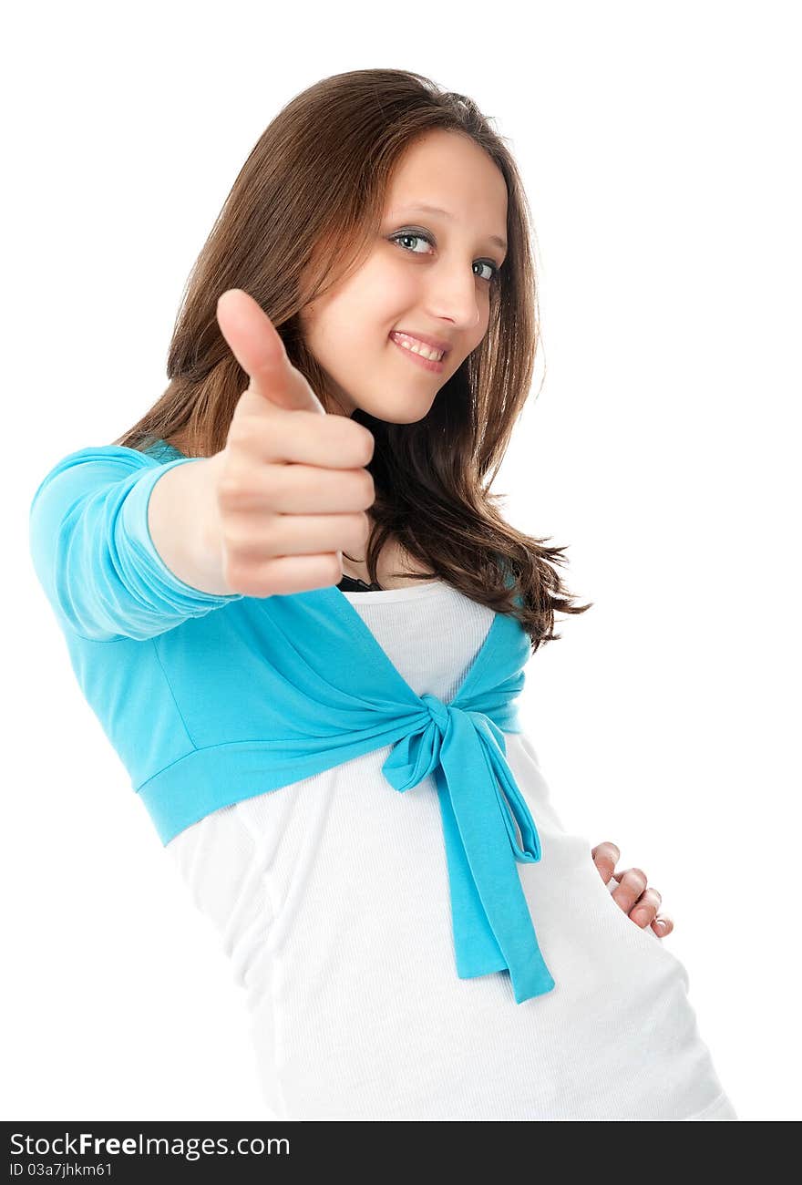 Young beautiful girl showing thumbs up. Isolated on white background. Young beautiful girl showing thumbs up. Isolated on white background.